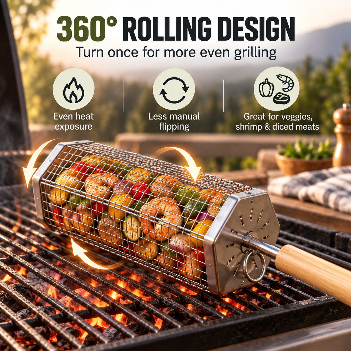 Rolling BBQ Grill Basket with Removable Wooden Handle, Heavy Duty Stainless Steel Grilling Roller for Charcoal & Gas Grill
