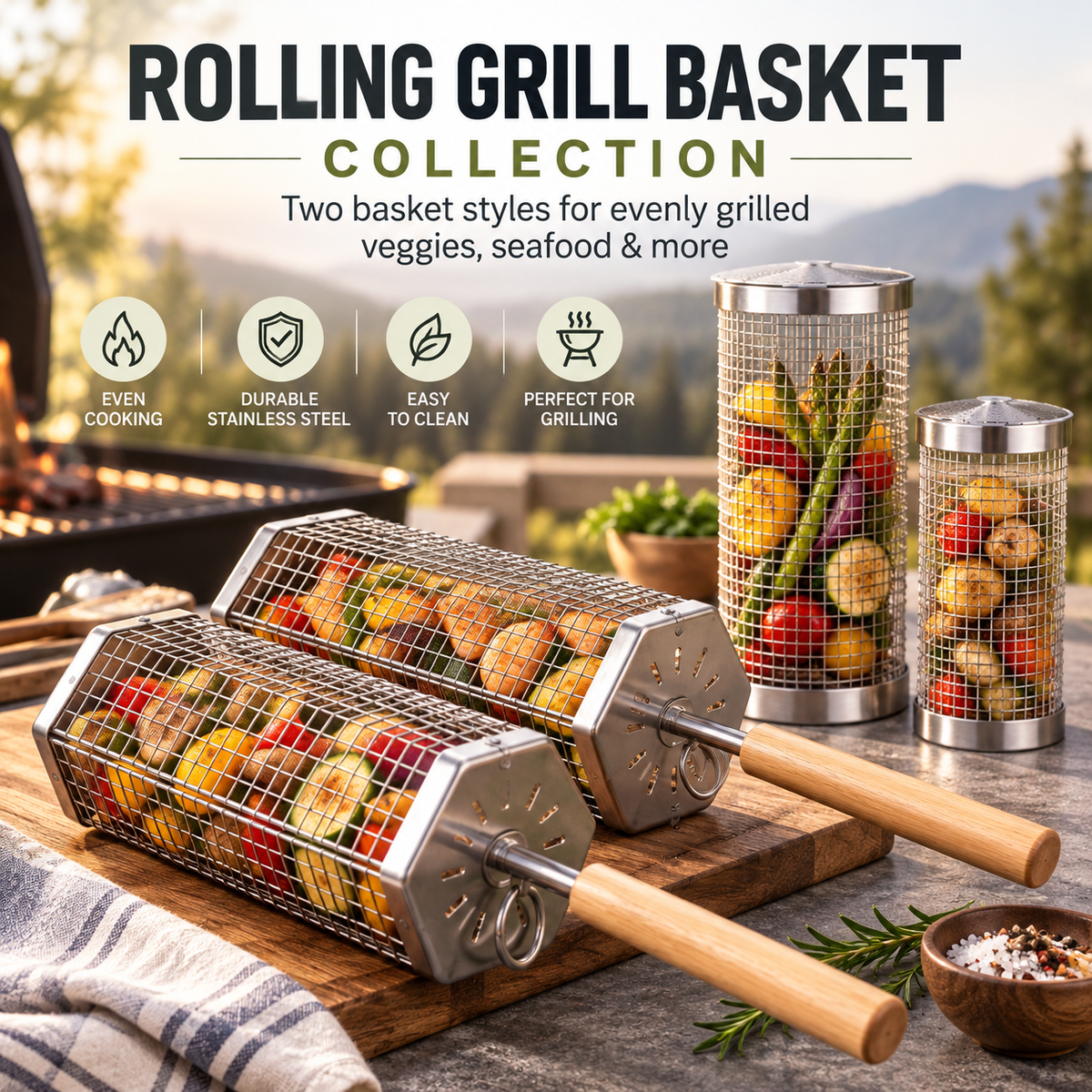 Rolling BBQ Grill Basket with Removable Wooden Handle, Heavy Duty Stainless Steel Grilling Roller for Charcoal & Gas Grill