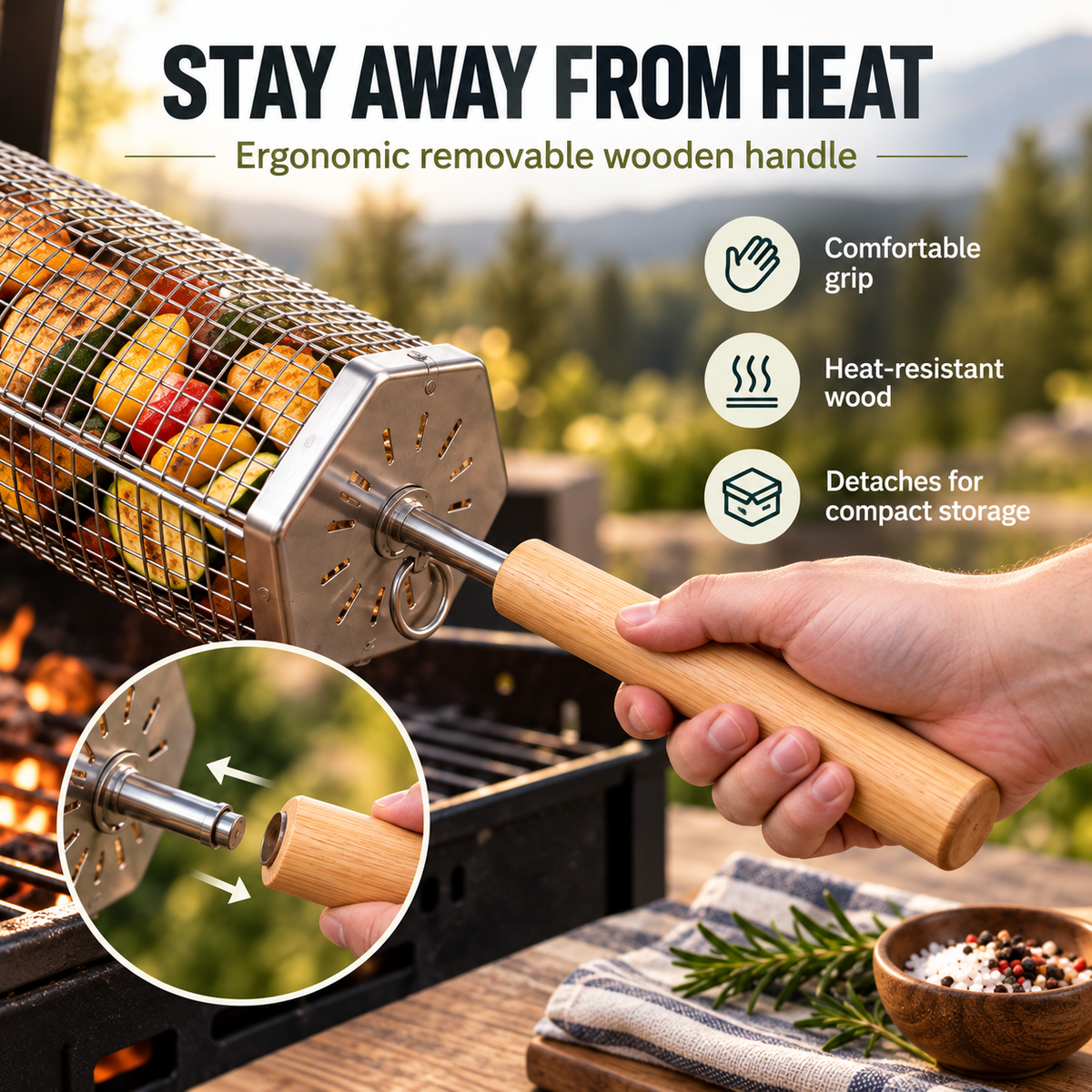 Rolling BBQ Grill Basket with Removable Wooden Handle, Heavy Duty Stainless Steel Grilling Roller for Charcoal & Gas Grill