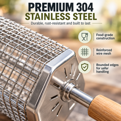 Rolling BBQ Grill Basket with Removable Wooden Handle, Heavy Duty Stainless Steel Grilling Roller for Charcoal & Gas Grill