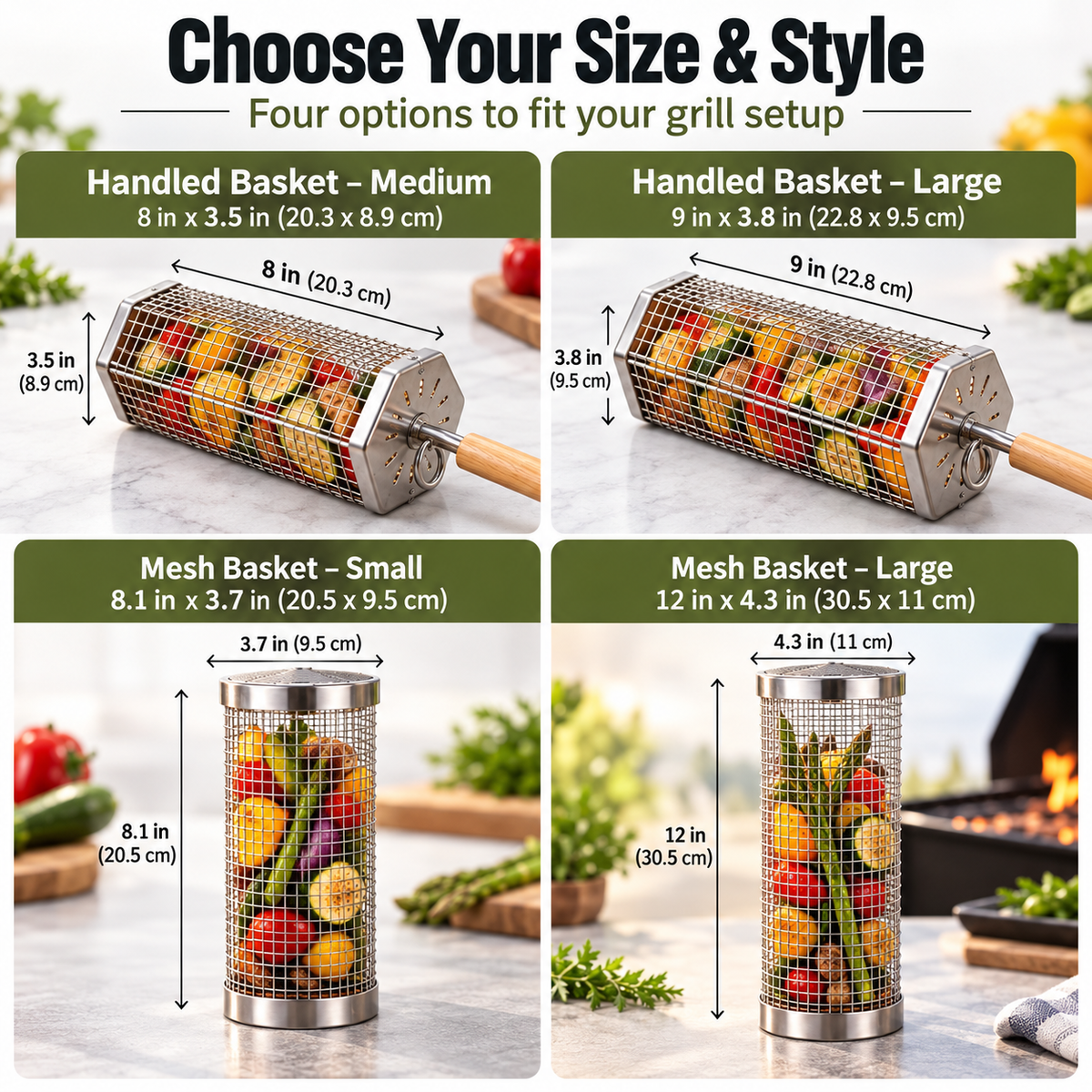 Rolling BBQ Grill Basket with Removable Wooden Handle, Heavy Duty Stainless Steel Grilling Roller for Charcoal & Gas Grill