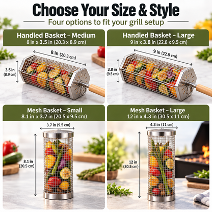 Rolling BBQ Grill Basket with Removable Wooden Handle, Heavy Duty Stainless Steel Grilling Roller for Charcoal & Gas Grill