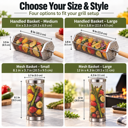 Rolling BBQ Grill Basket with Removable Wooden Handle, Heavy Duty Stainless Steel Grilling Roller for Charcoal & Gas Grill
