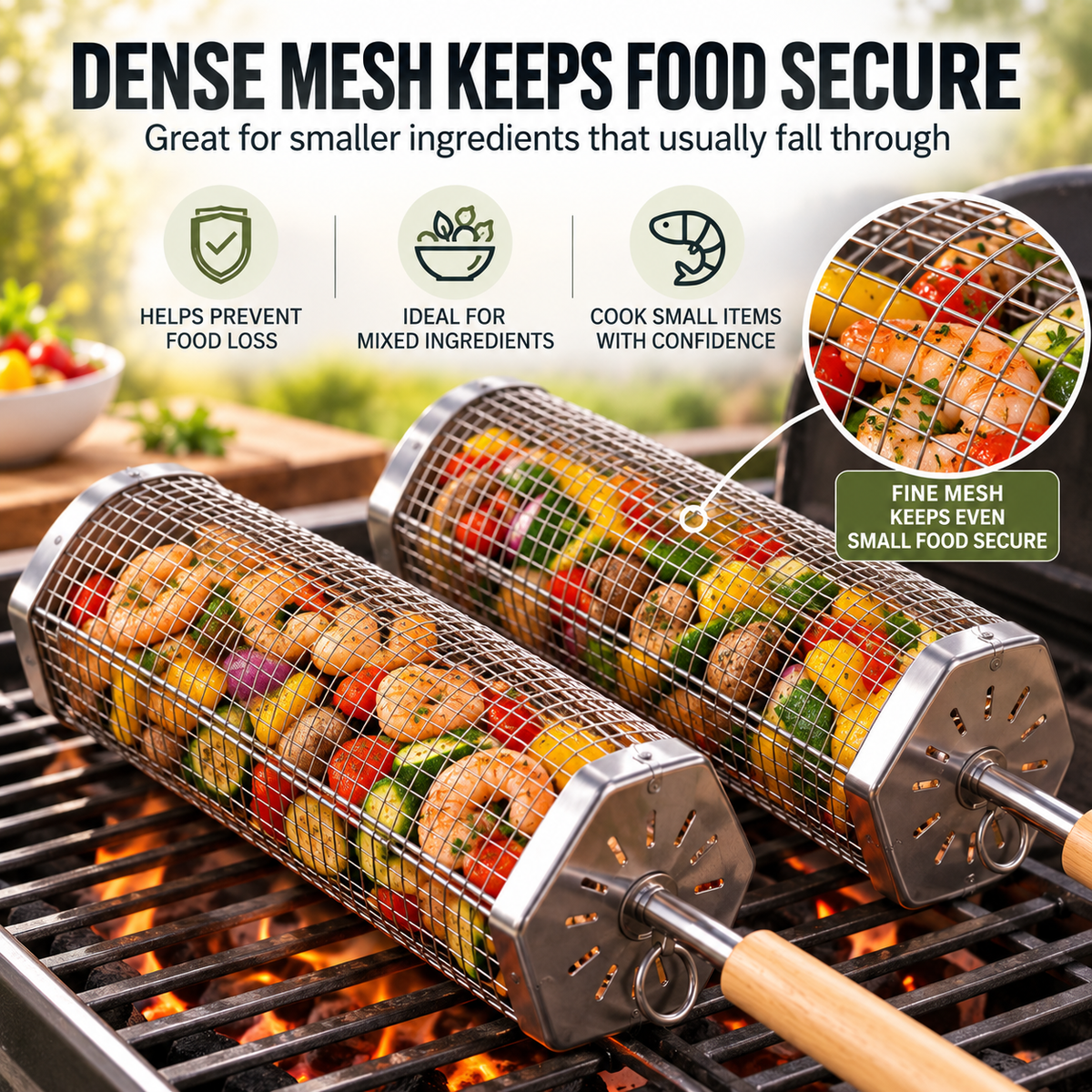 Rolling BBQ Grill Basket with Removable Wooden Handle, Heavy Duty Stainless Steel Grilling Roller for Charcoal & Gas Grill