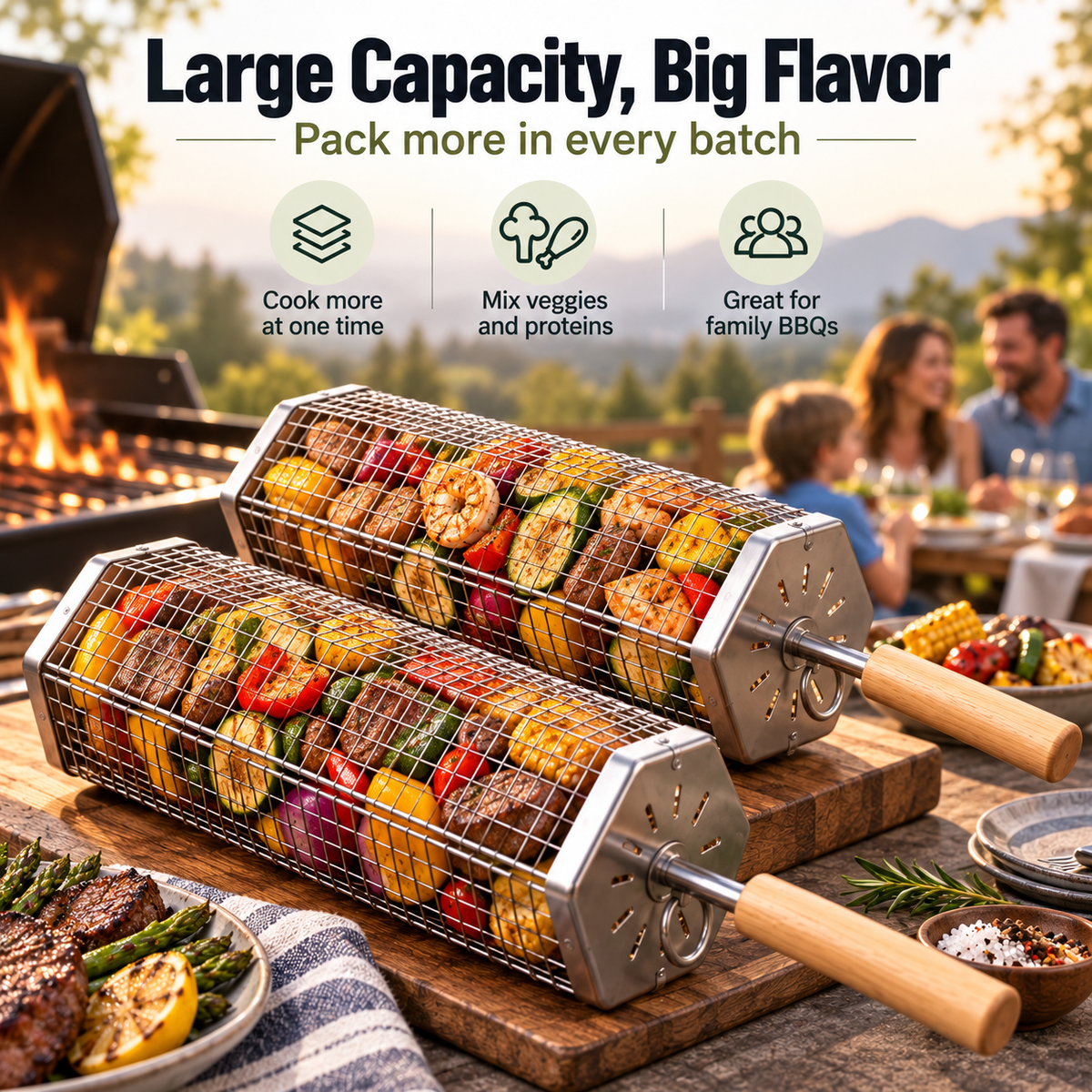 Rolling BBQ Grill Basket with Removable Wooden Handle, Heavy Duty Stainless Steel Grilling Roller for Charcoal & Gas Grill