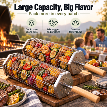 Rolling BBQ Grill Basket with Removable Wooden Handle, Heavy Duty Stainless Steel Grilling Roller for Charcoal & Gas Grill