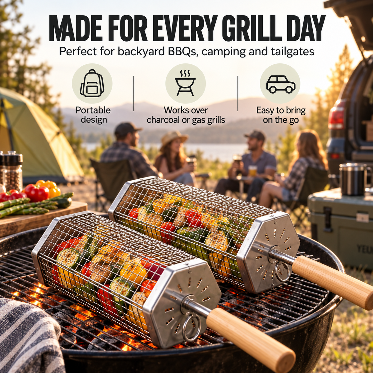 Rolling BBQ Grill Basket with Removable Wooden Handle, Heavy Duty Stainless Steel Grilling Roller for Charcoal & Gas Grill