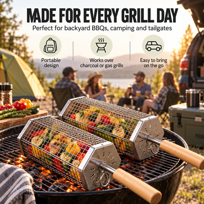Rolling BBQ Grill Basket with Removable Wooden Handle, Heavy Duty Stainless Steel Grilling Roller for Charcoal & Gas Grill