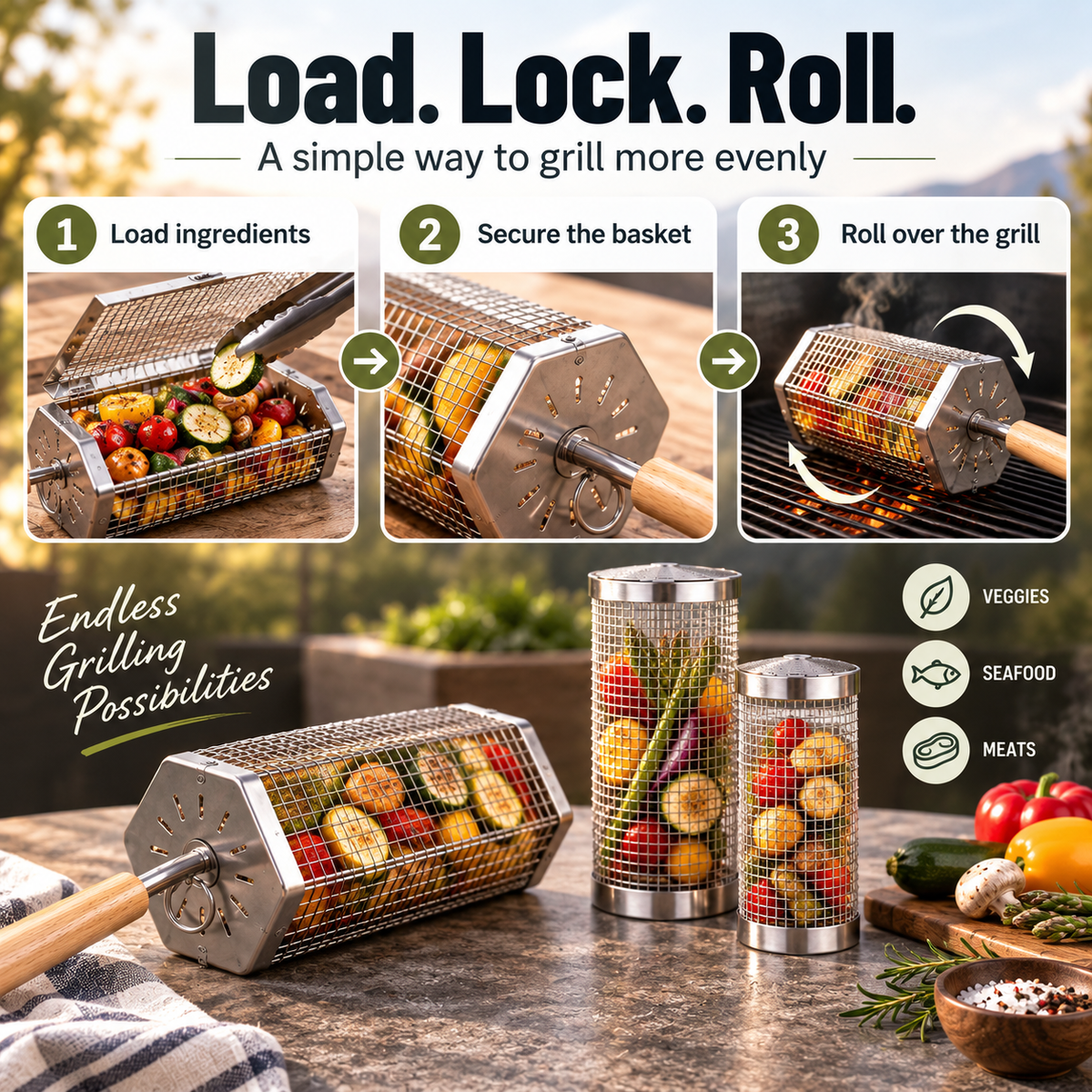 Rolling BBQ Grill Basket with Removable Wooden Handle, Heavy Duty Stainless Steel Grilling Roller for Charcoal & Gas Grill