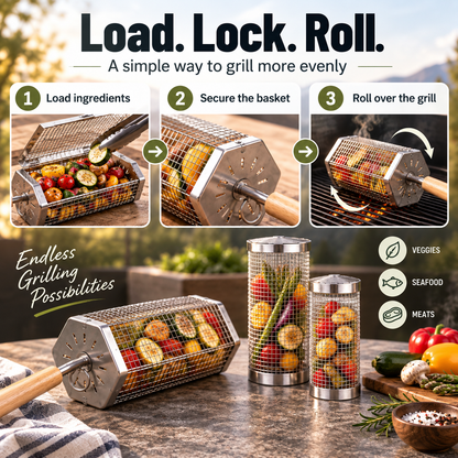 Rolling BBQ Grill Basket with Removable Wooden Handle, Heavy Duty Stainless Steel Grilling Roller for Charcoal & Gas Grill