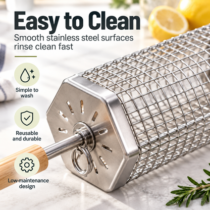 Rolling BBQ Grill Basket with Removable Wooden Handle, Heavy Duty Stainless Steel Grilling Roller for Charcoal & Gas Grill